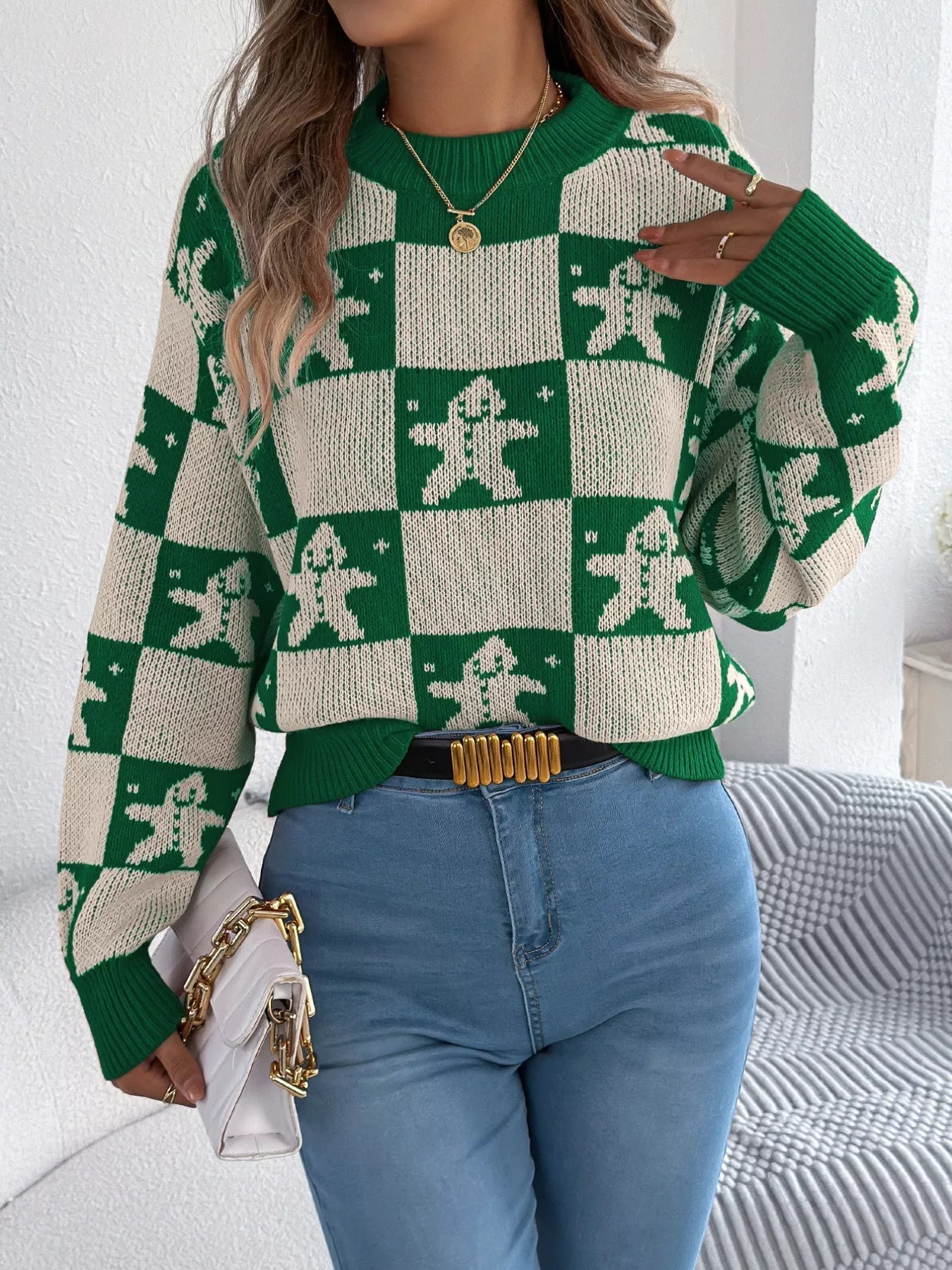 Christmas Checkerboard Gingerbread Round Neck Sweater 