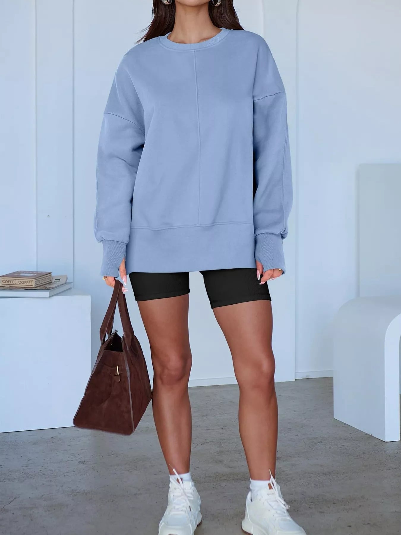Side Slit Round Neck Long Sleeve Sweatshirt 