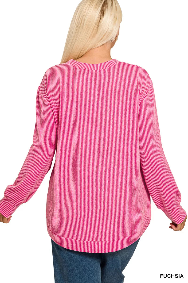 Zenana Full Size Raised Rib Round Neck Long Sleeve Top Plus Size 
