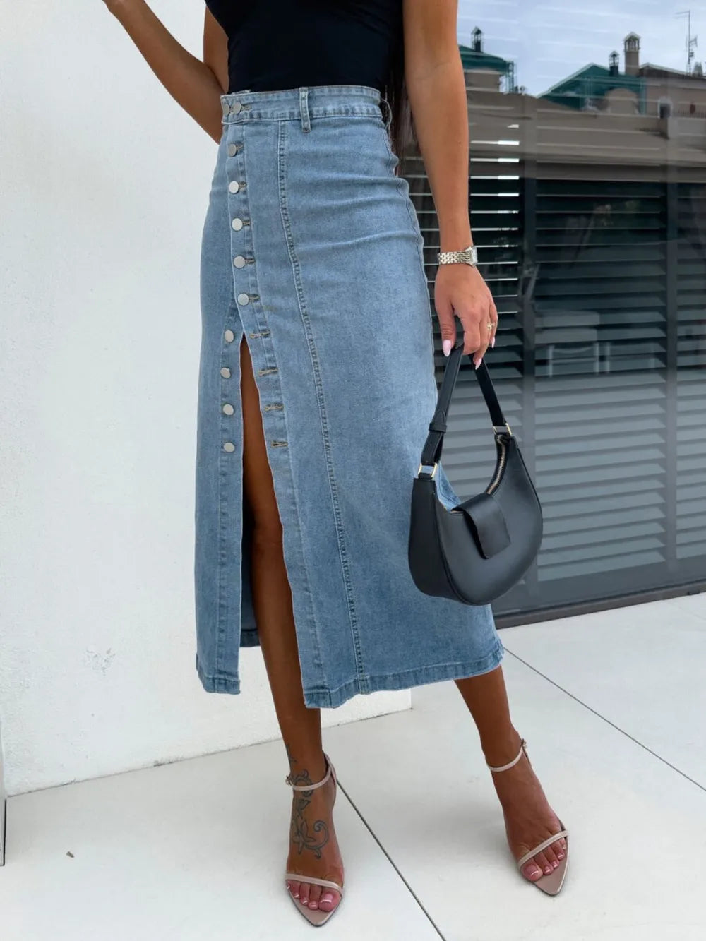 Front Button Slit Midi Denim Skirt 