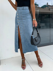 Front Button Slit Midi Denim Skirt 