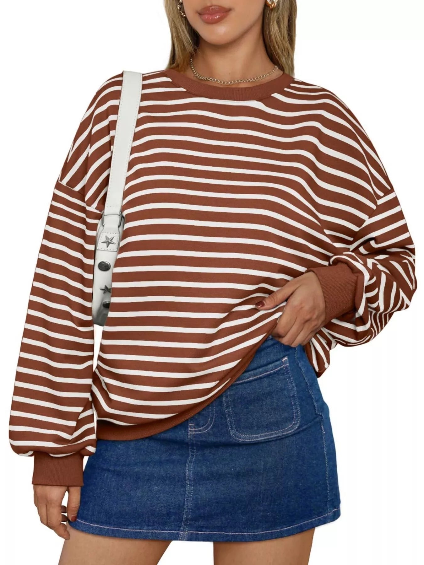 Striped Round Neck Oversized Casual Sweatshirt 