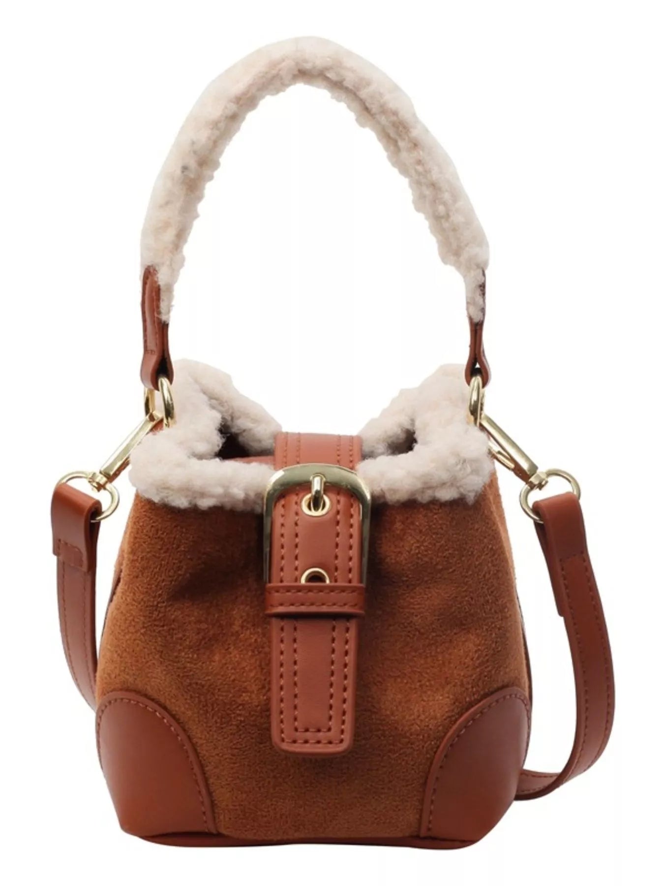 Fuzzy Trim Bucket Crossbody Bag 