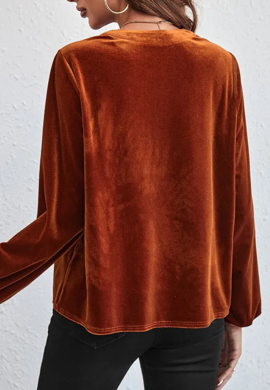 Notched Long Sleeve Velvet Top 