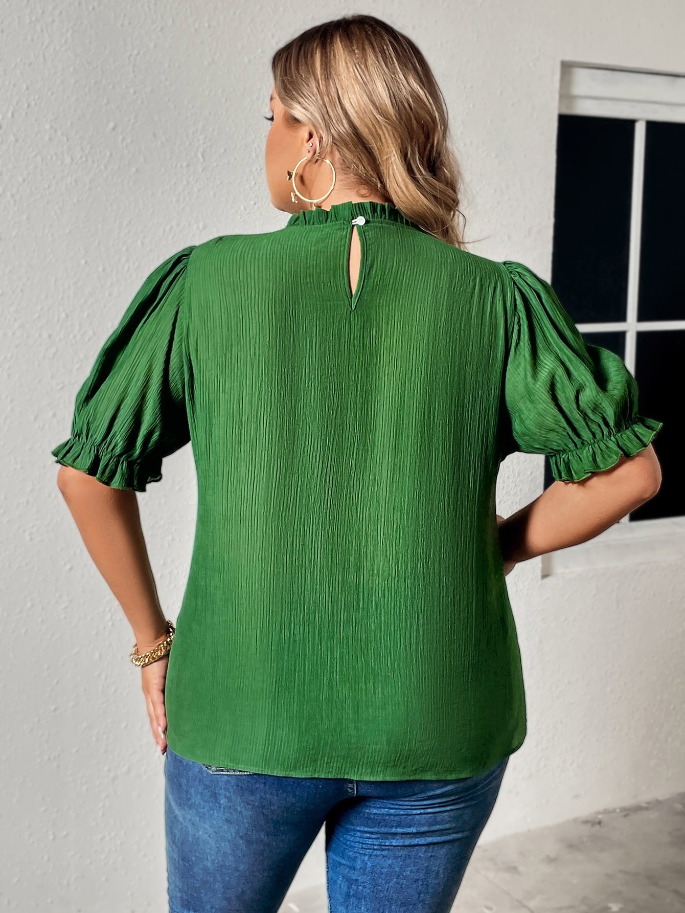 Honey Plus Size Round Neck Flounce Sleeve Blouse 