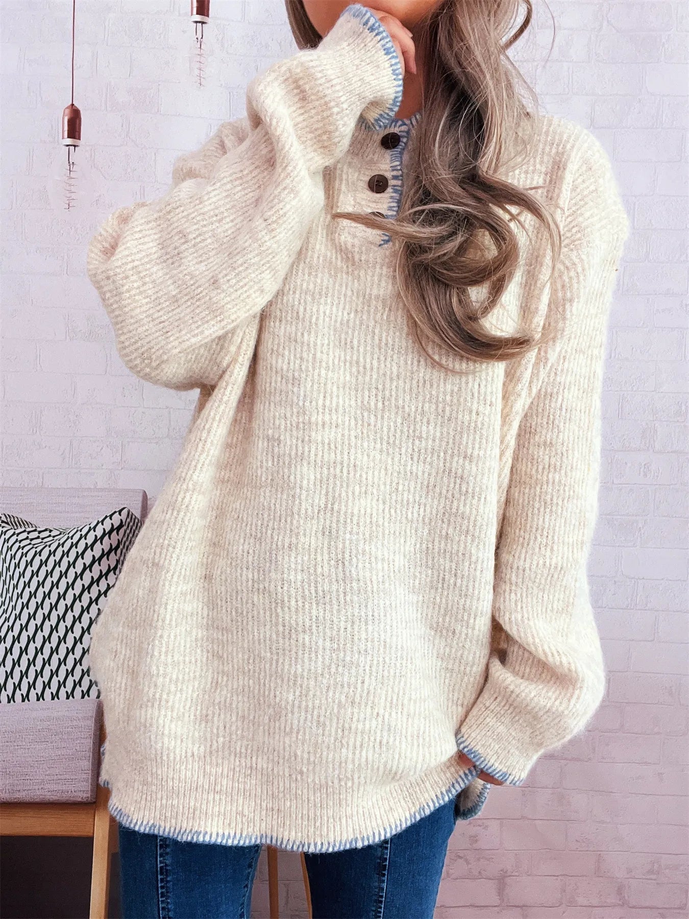 Ribbed Button Detail Long Sleeve Sweater 