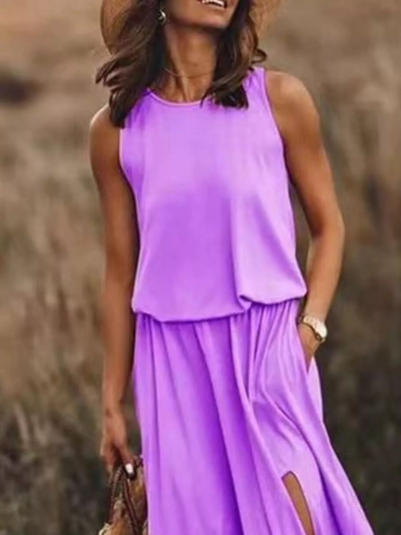 Full Size Round Neck Sleeveless Slit Maxi Dress Plus Size 