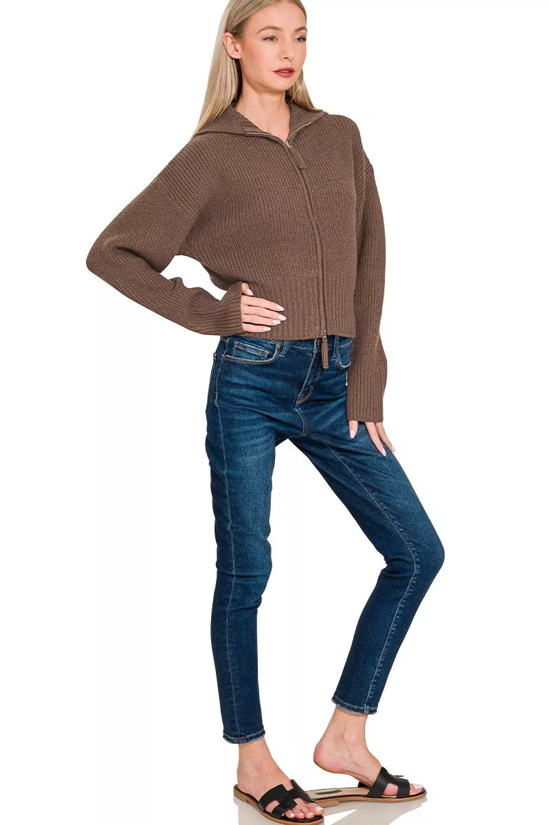 Zenana Ribbed Collared Zip Up Sweater Cardigan 