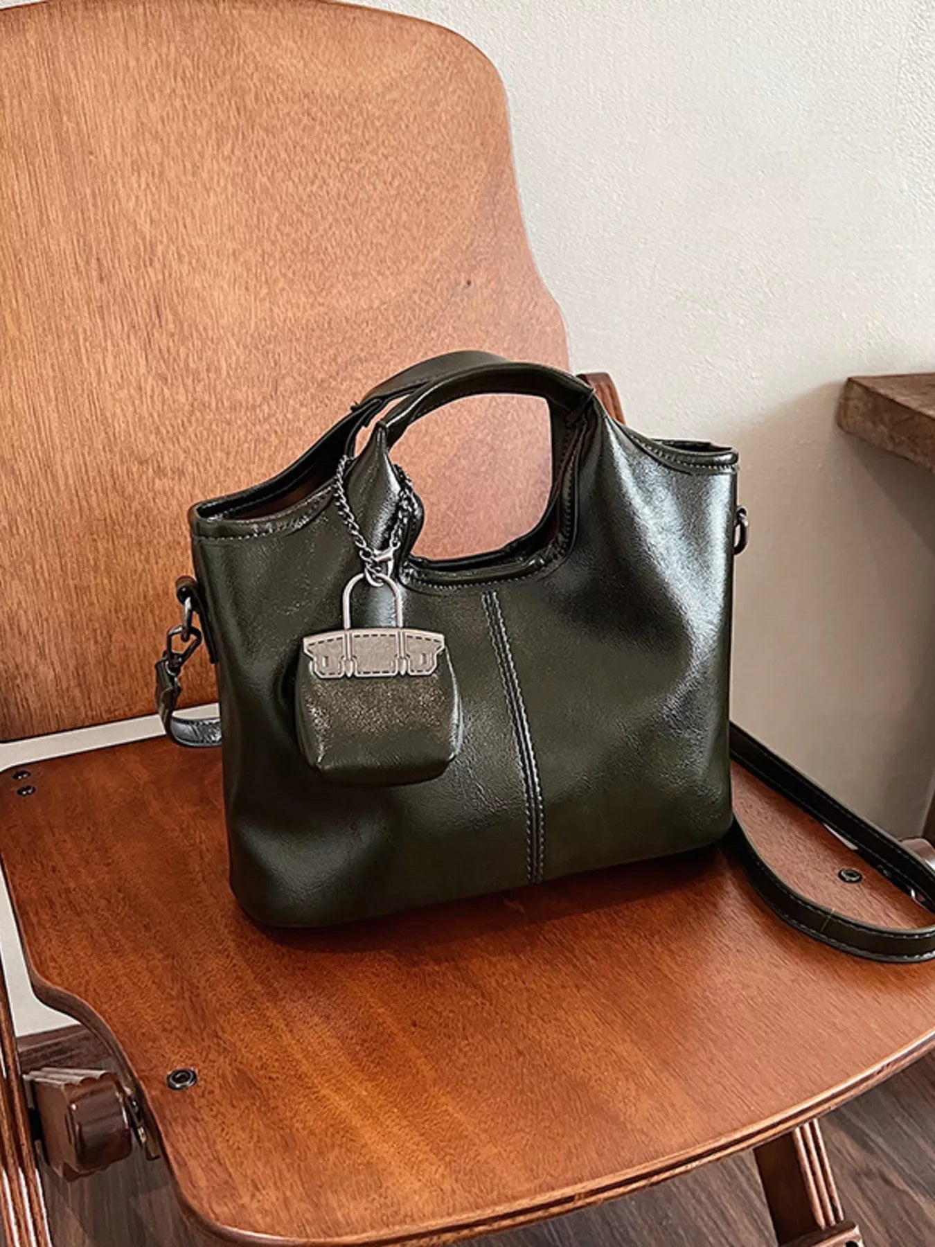 Leather Crossbody Bag with Charm 