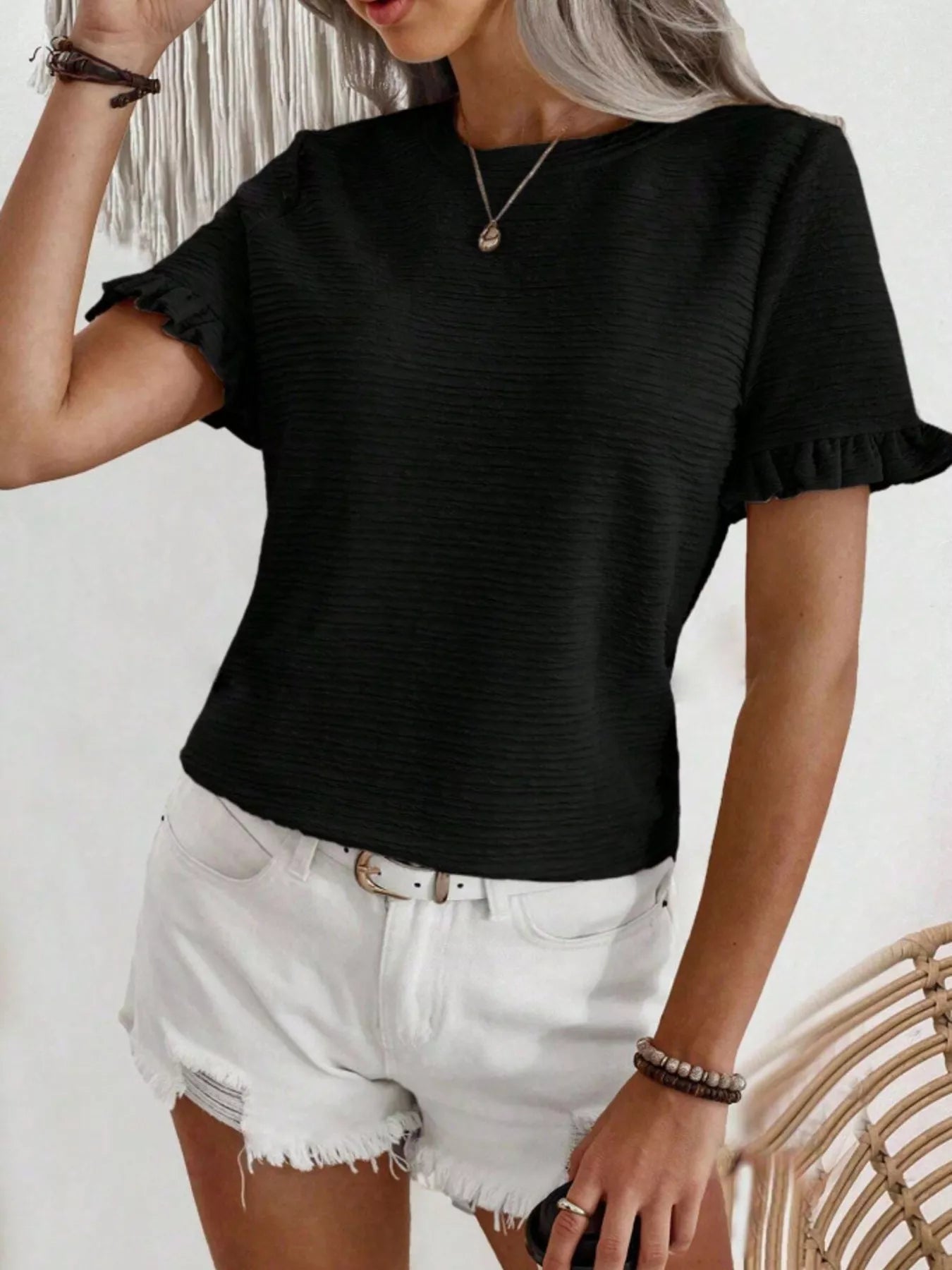 Textured Ruffle Sleeve Round Neck T-Shirt 