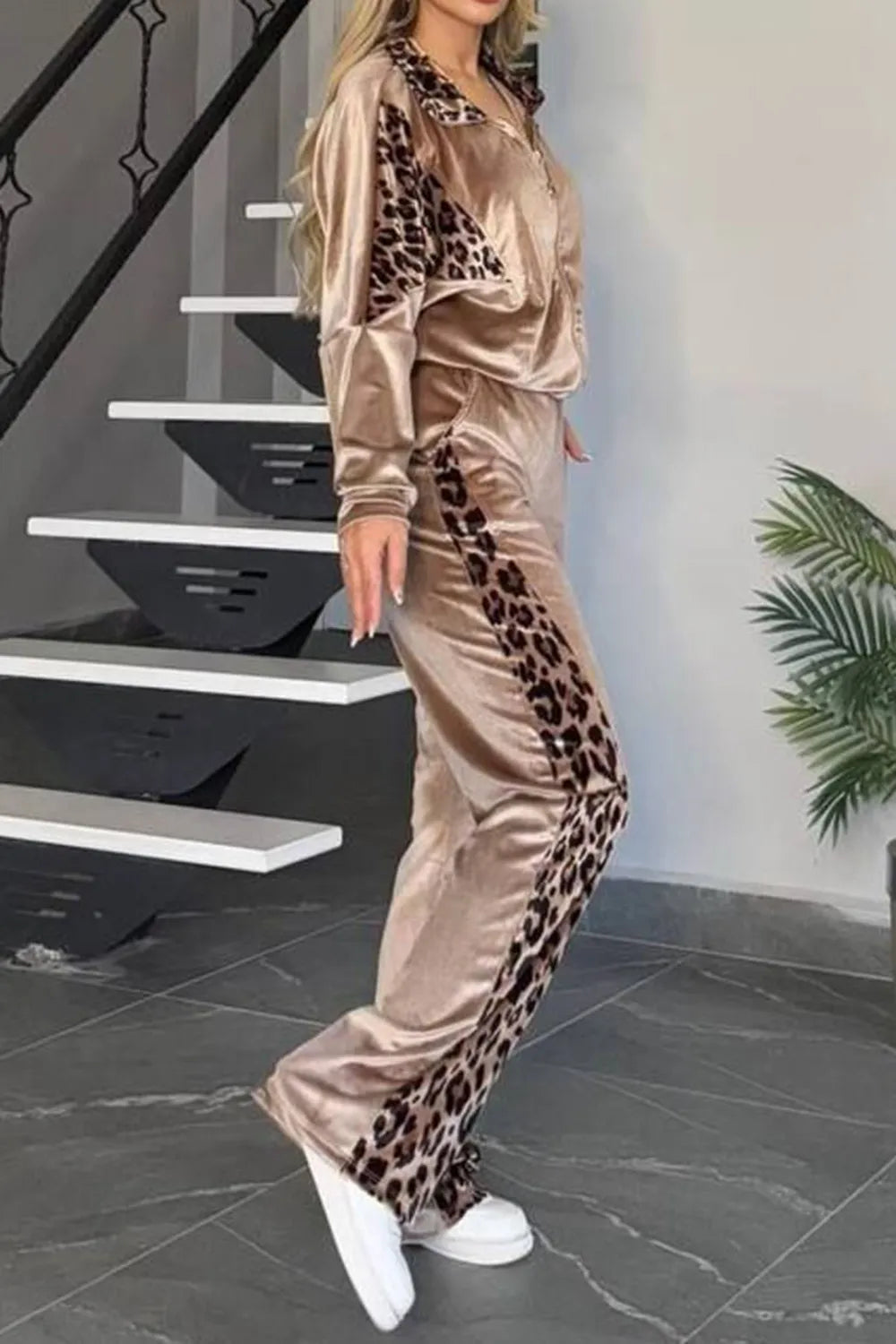 Full Size Collared Neck Leopard Zip Up Top and Pants Set Plus Size 