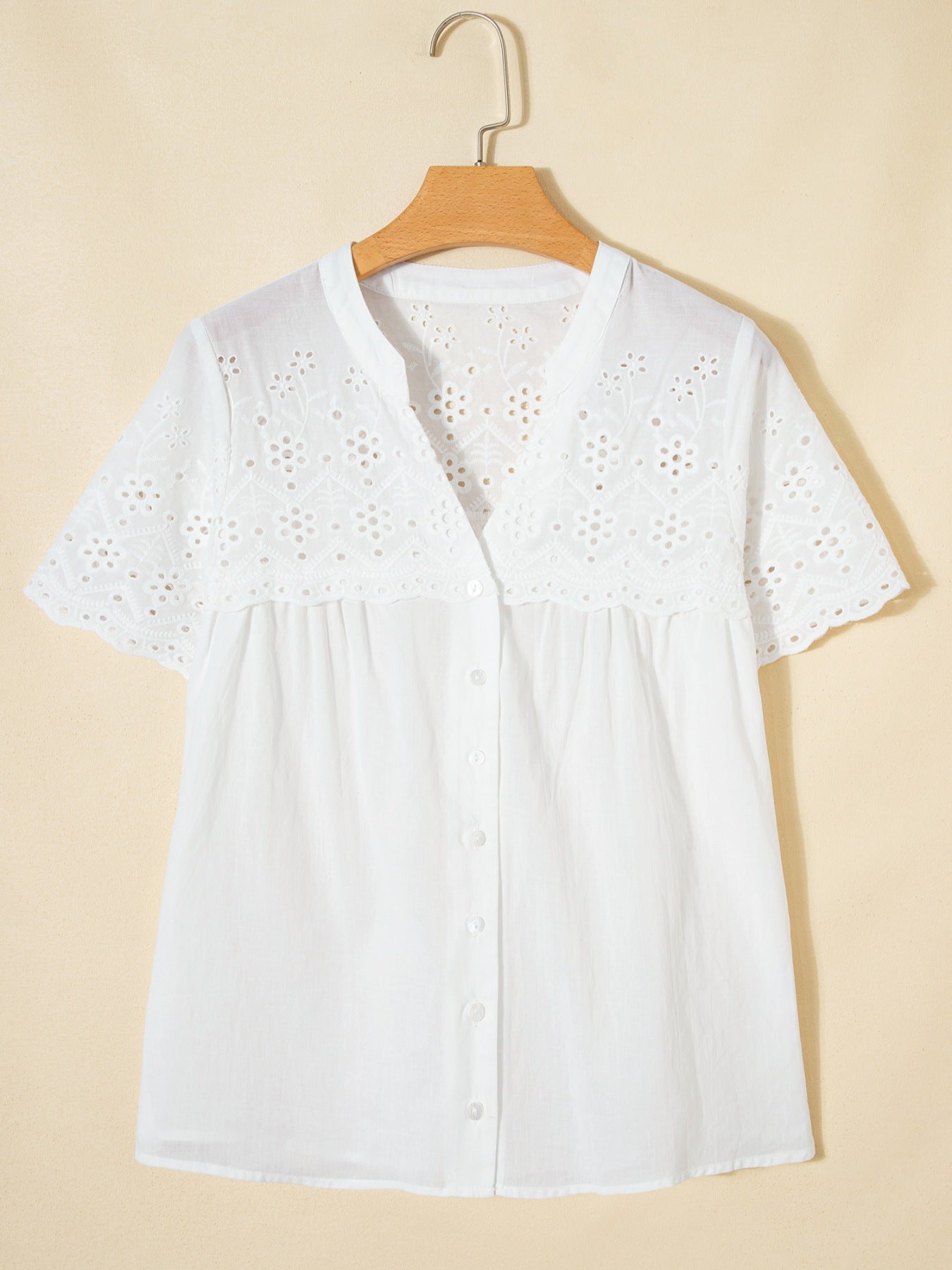 Flower Eyelet Embroidered Patchwork Sheer Short Sleeve Shirt 