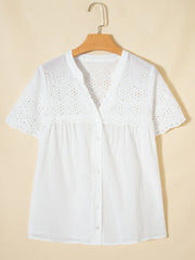 Flower Eyelet Embroidered Patchwork Sheer Short Sleeve Shirt 