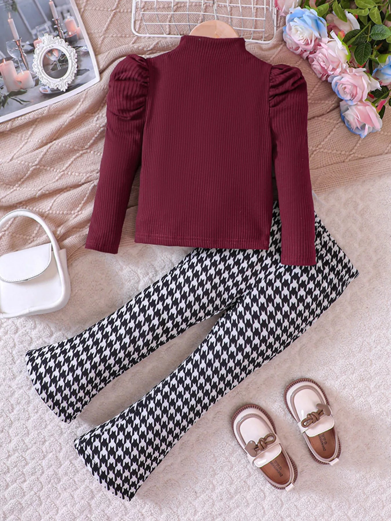 Children's Long Sleeve Top & Houndstooth Pants Set 