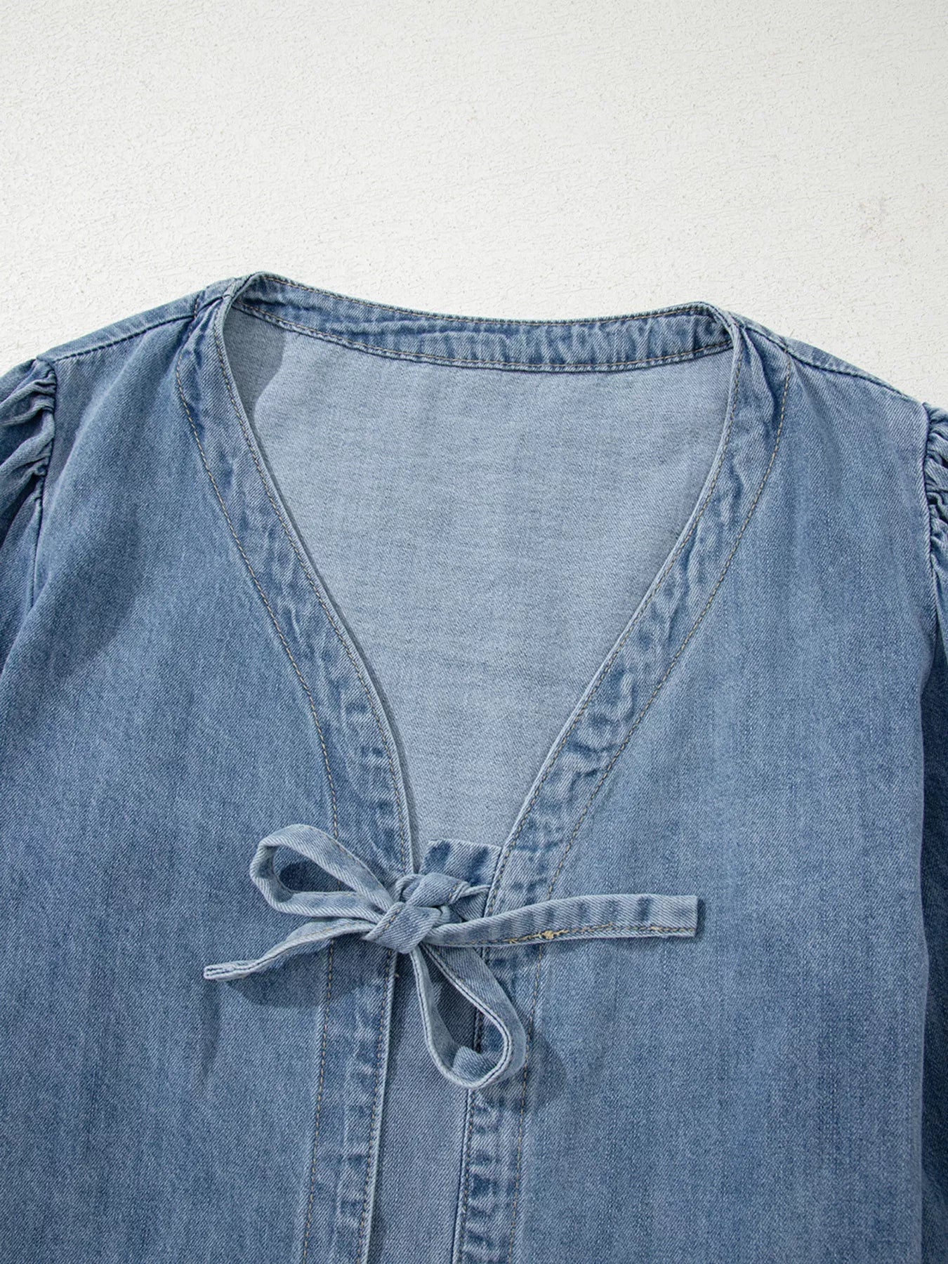 Tied Front Puff Sleeve Denim Top 