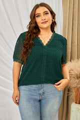 Plus Size Swiss Dot Spliced Lace V-Neck Blouse 