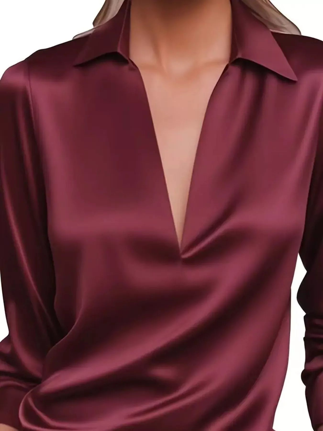 Satin Johnny Collar Long Sleeve Blouse 