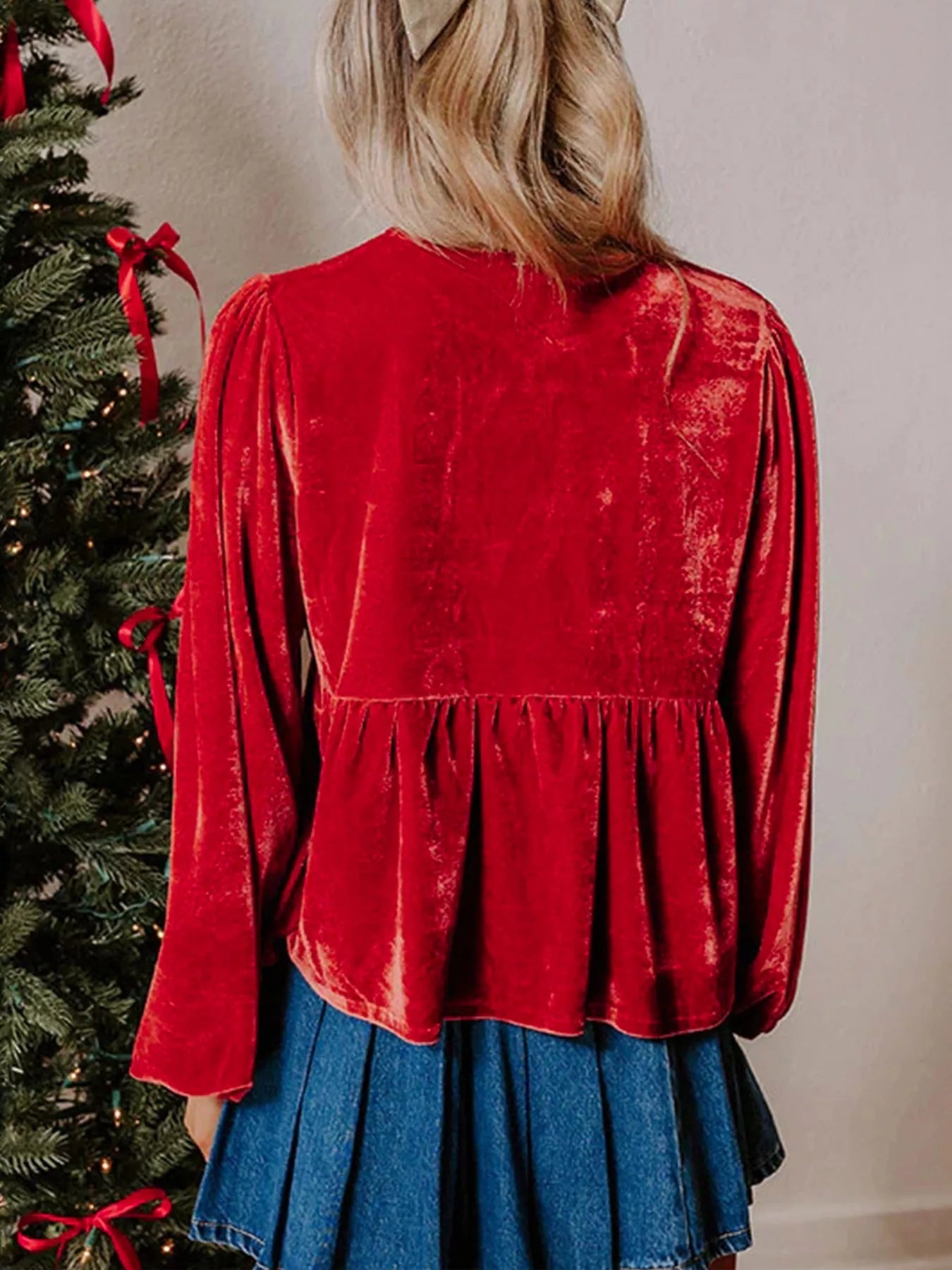 Plus Size Tie Front Velvet Peplum Blouse 