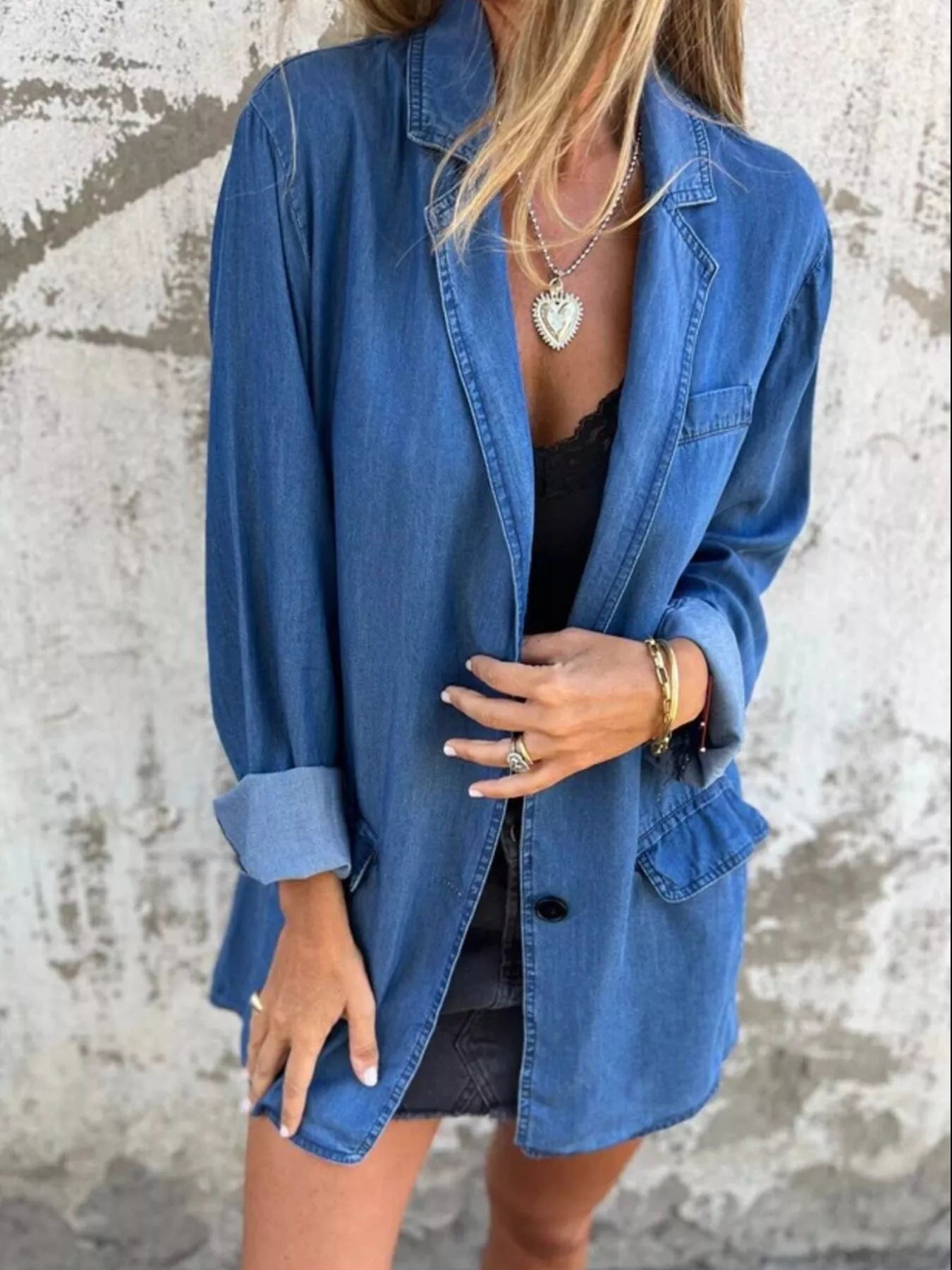 Full Size Button Down Denim Blazer Plus Size 
