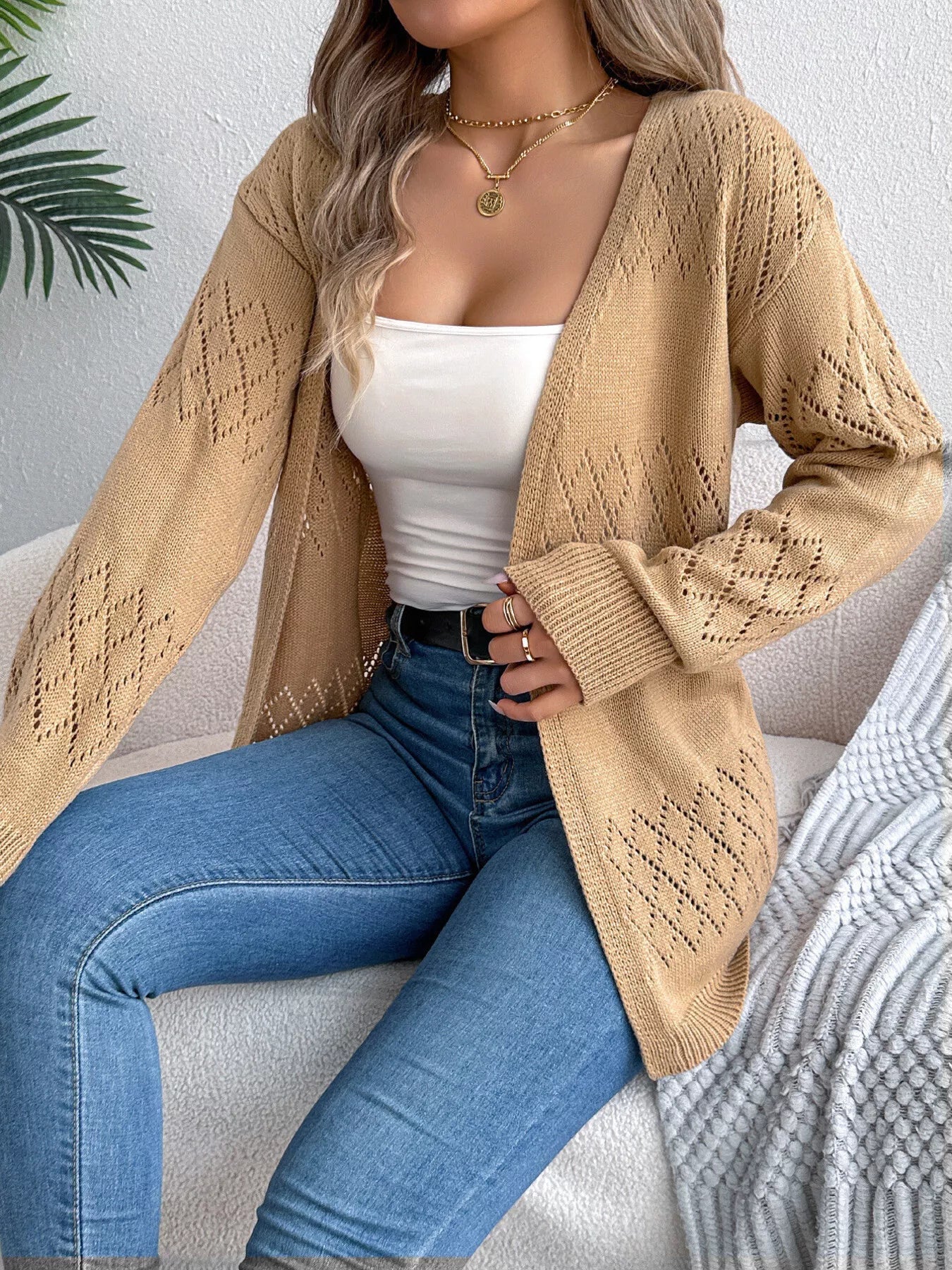 Openwork Open Front Long Sleeve Cardigan 