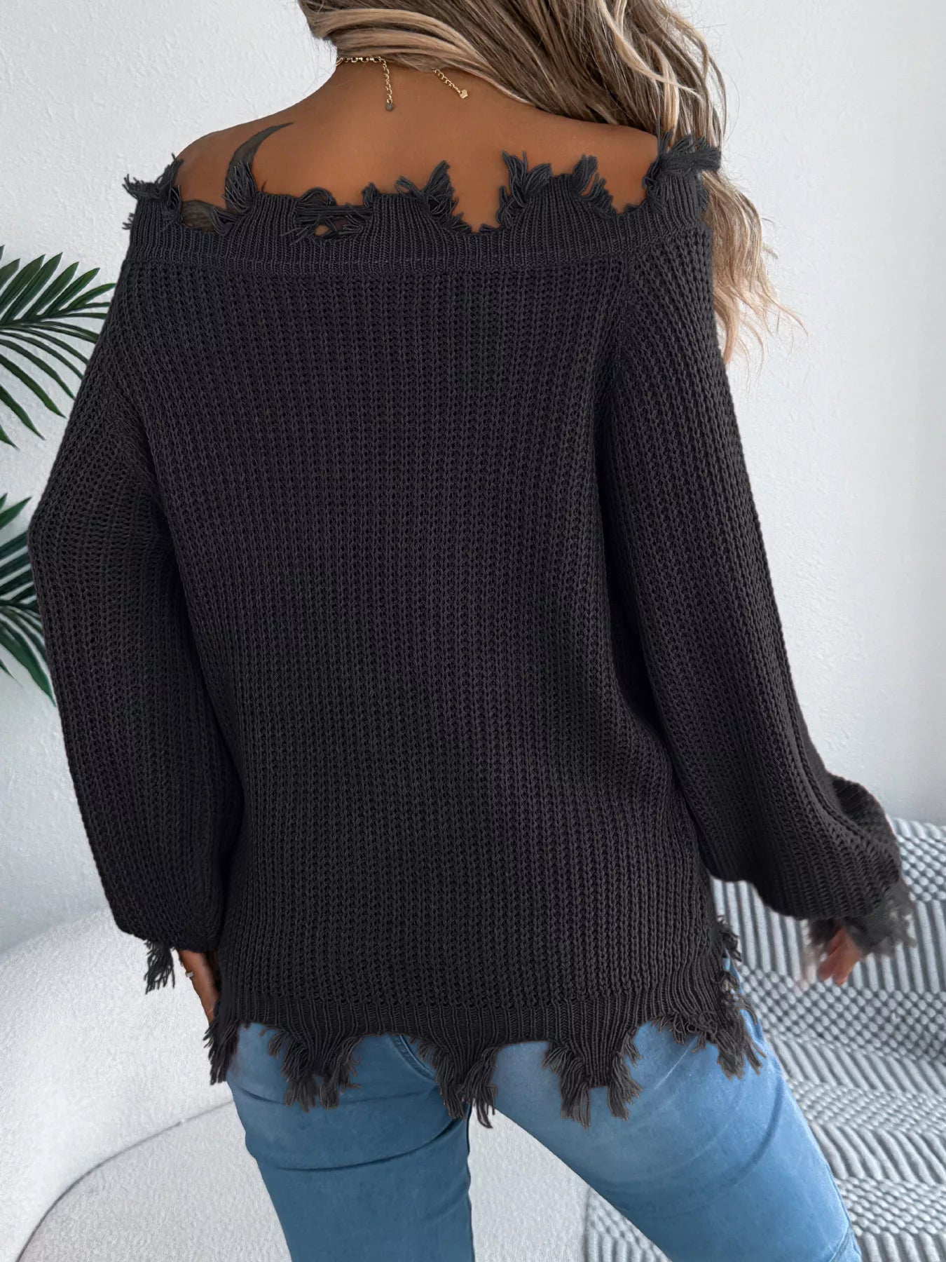 Distressed Hem Openwork Off-Shoulder Sweater 