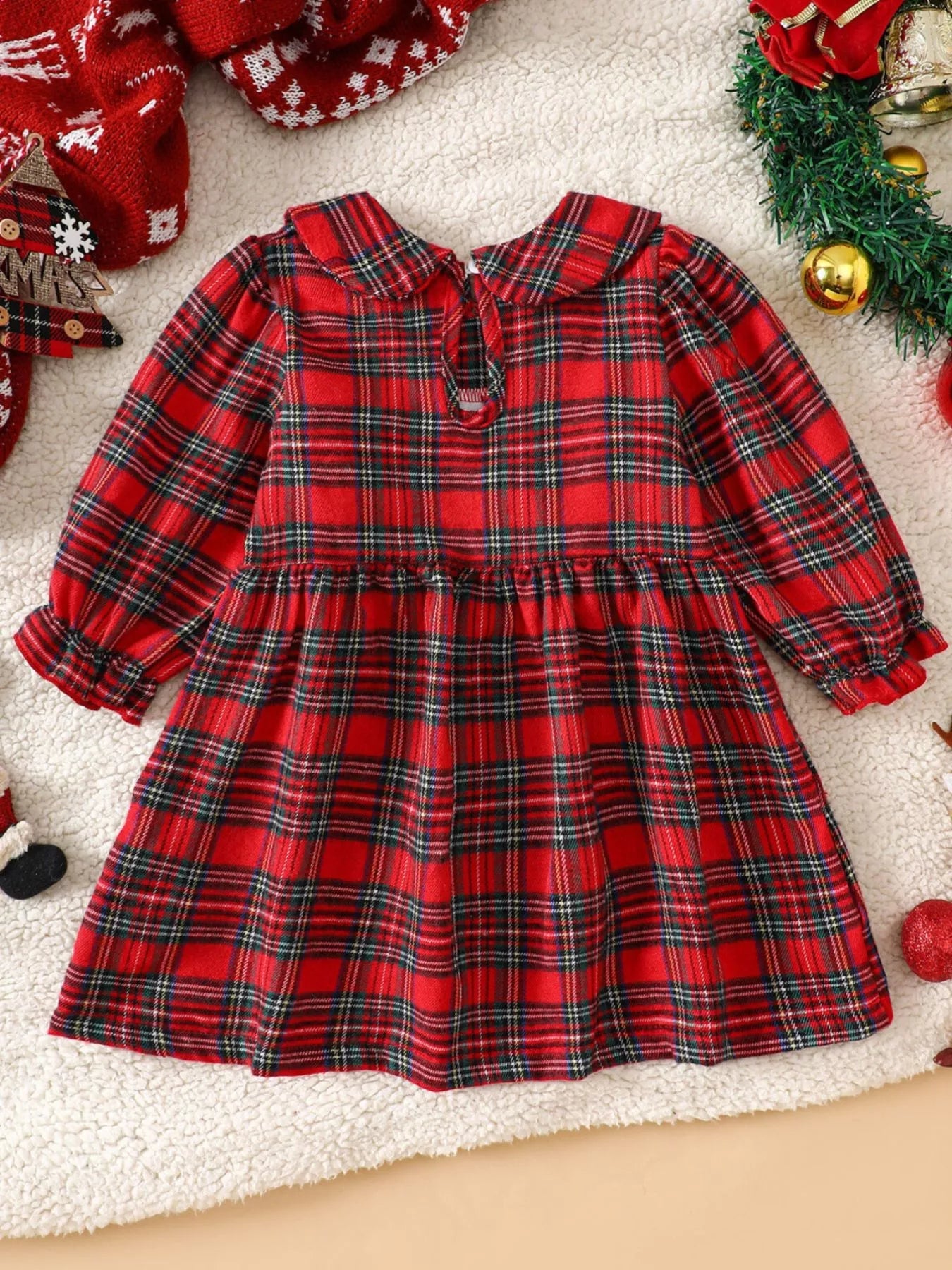 Children's Christmas Plaid Embroidered Smocked Dress 
