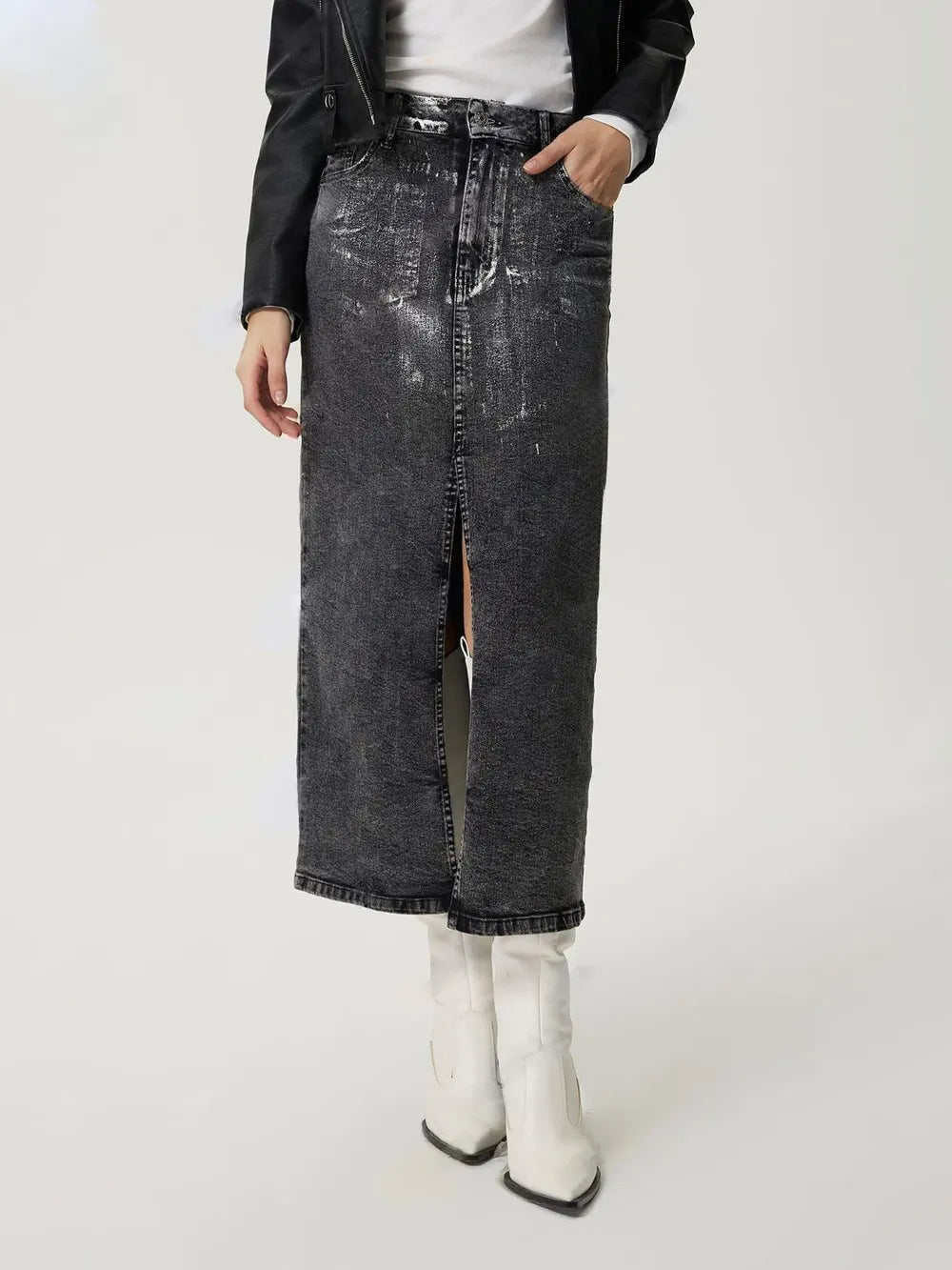 Slit Midi Denim Skirt with Pockets 