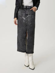 Slit Midi Denim Skirt with Pockets 