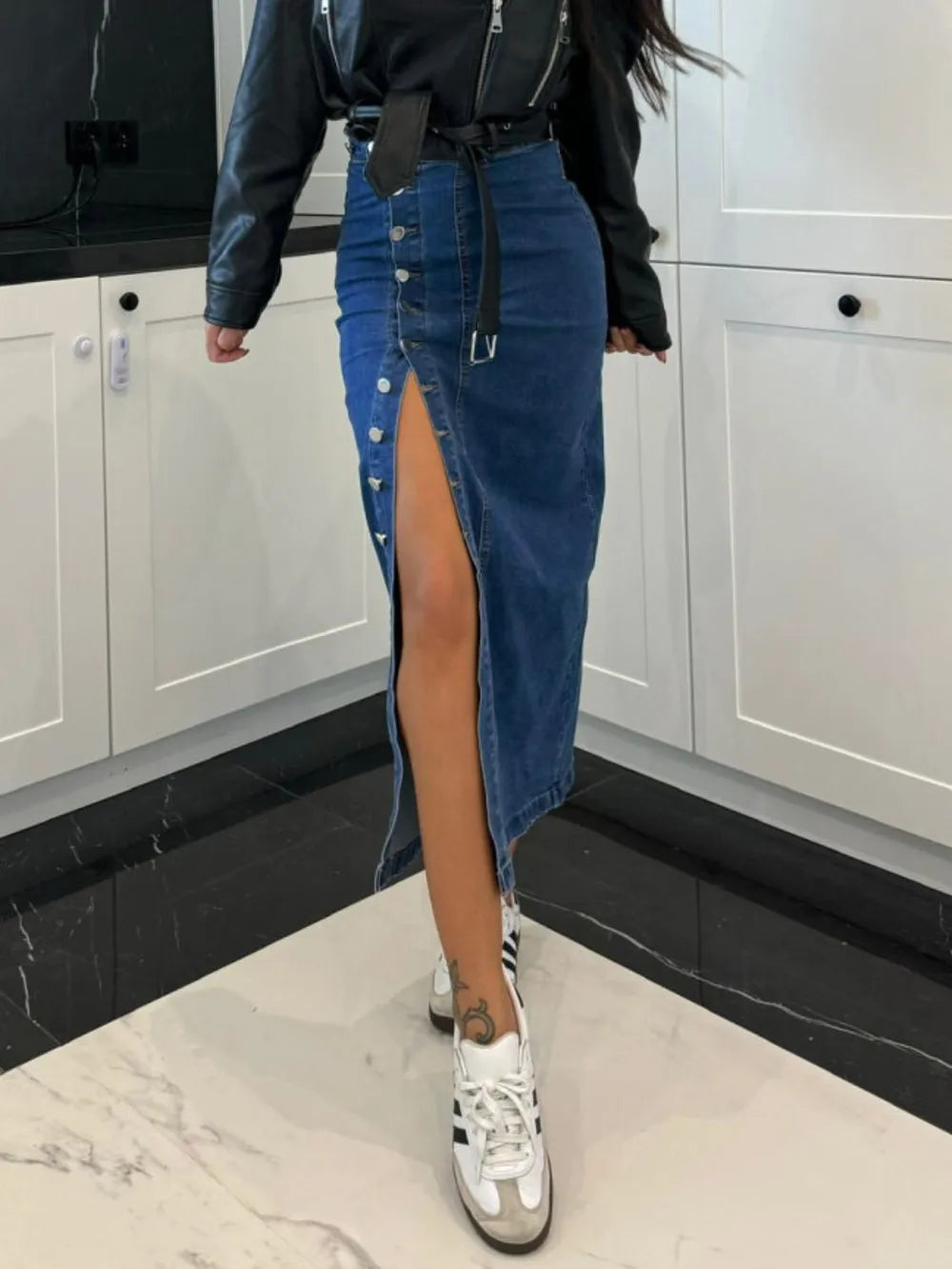Front Button Slit Midi Denim Skirt 