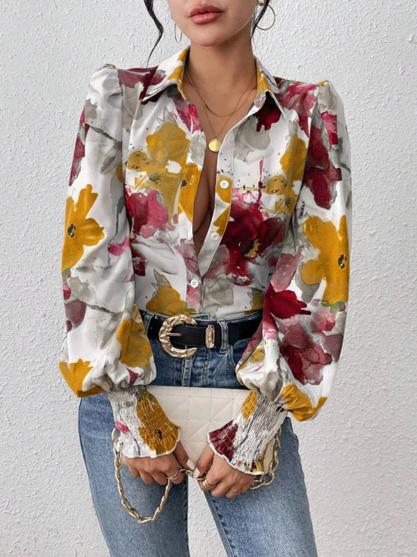Printed Button Up Lantern Sleeve Shirt 