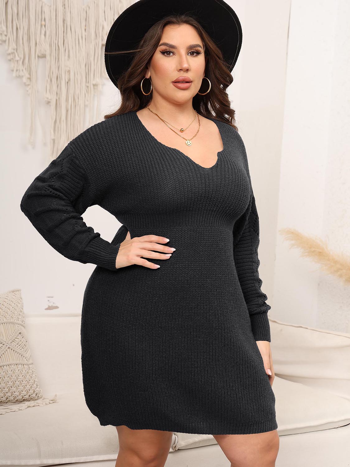 Plus Size Dropped Shoulder Long Sleeve Knit Mini Dress 
