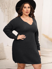 Plus Size Dropped Shoulder Long Sleeve Knit Mini Dress 