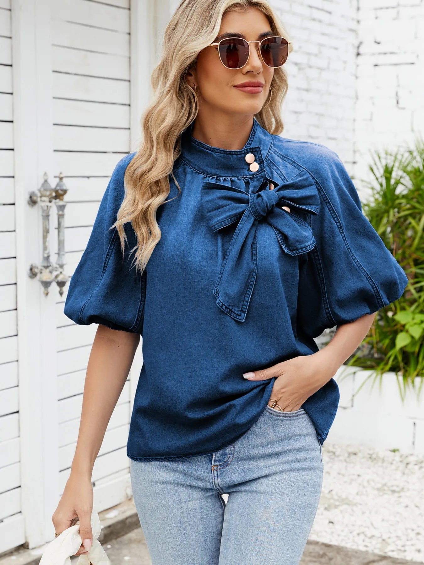 Denim Bow Tie Puff Sleeve Top 