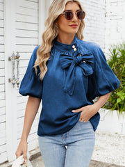 Denim Bow Tie Puff Sleeve Top 