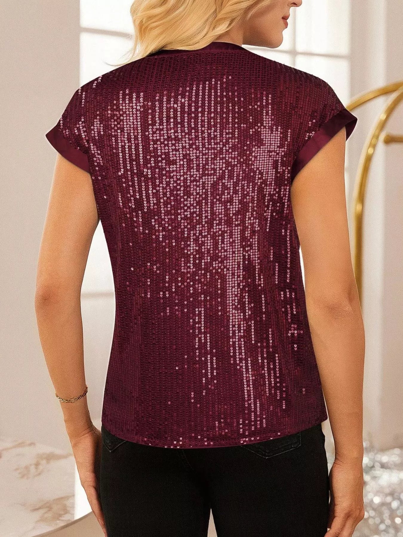 Sequin Notched Cap Sleeve Blouse 