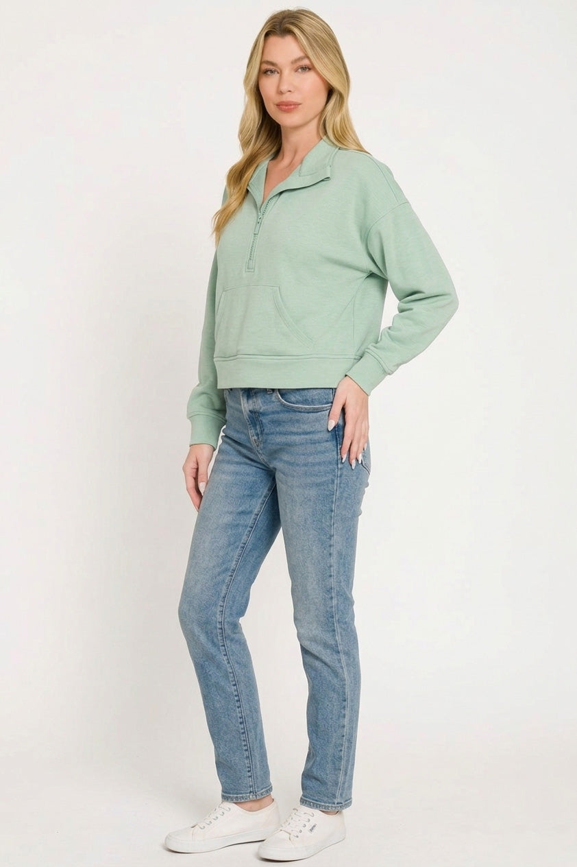 Zenana Scuba Half Zip Pullover With Kangaroo Pockets 