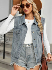 Pocketed Button Up Sleeveless Denim Jacket 