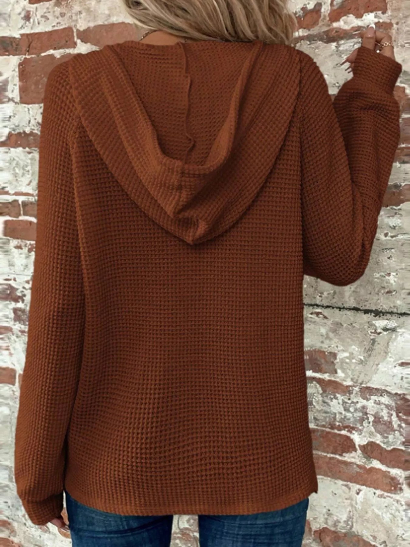 Casual Waffle Knit Button Detail Hoodie 