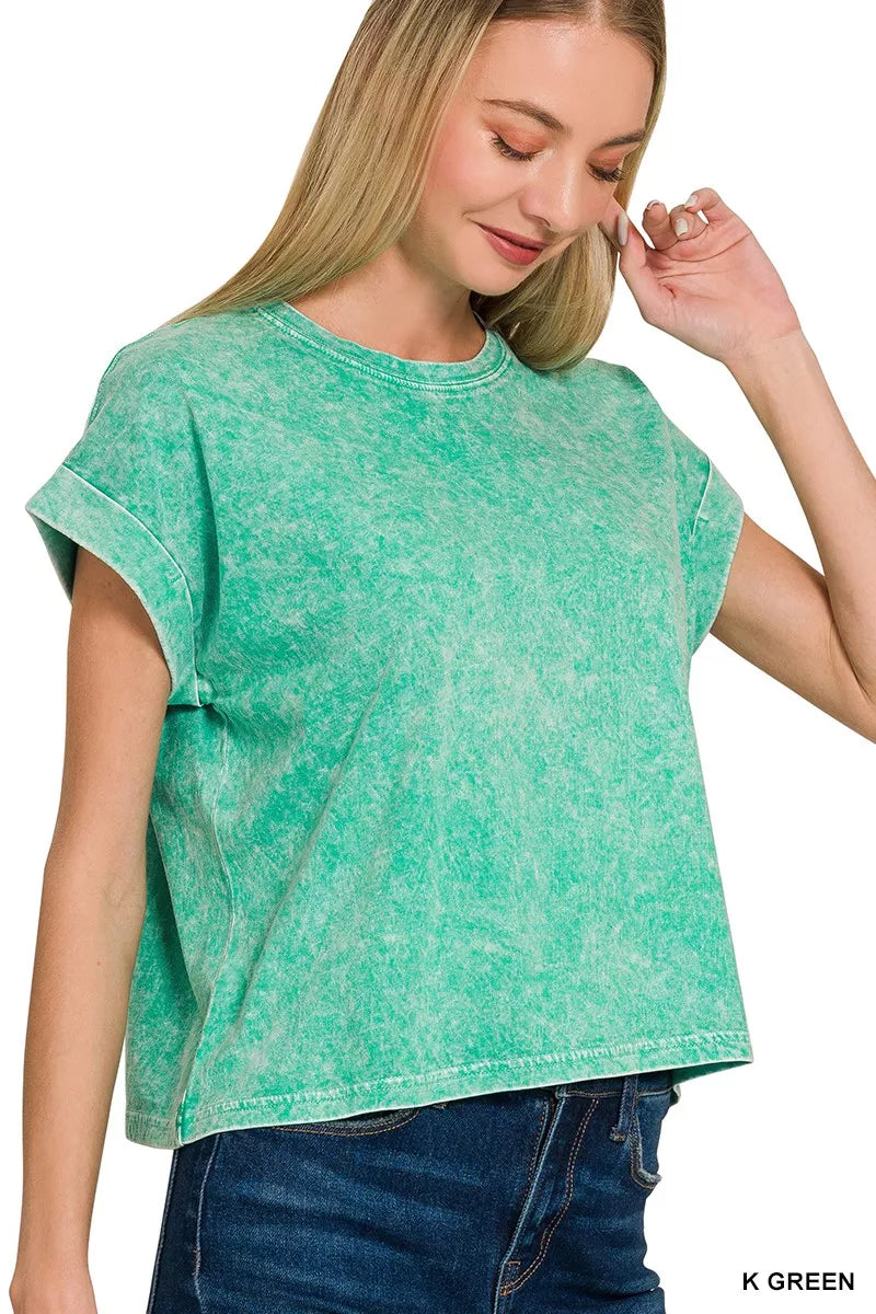 Zenana Halo Washed Cotton Cuffed Short Sleeve Top 