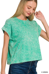 Zenana Halo Washed Cotton Cuffed Short Sleeve Top 