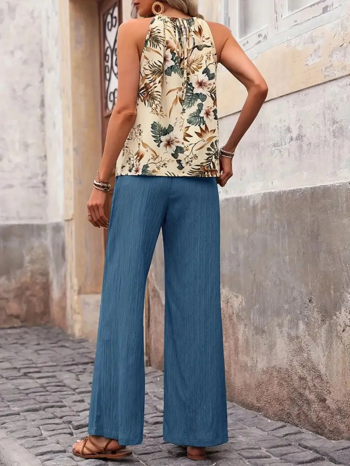 Printed Tank Top and Wide Leg Pants Set 