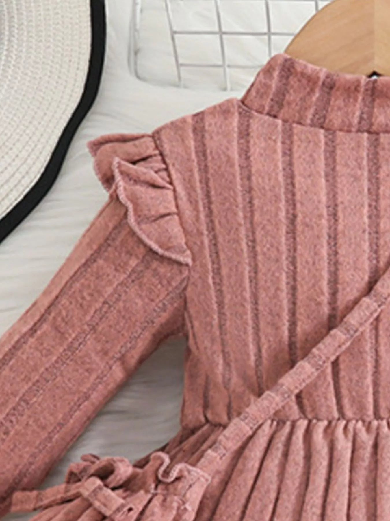 Children's Ribbed Knit Ruffle Trim Dress with Bag 