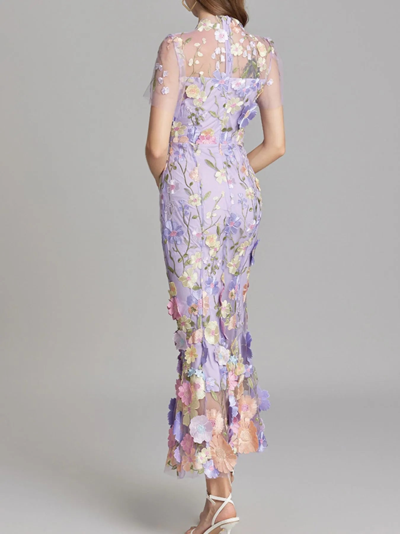 Floral Embroidered Mesh Overlay Maxi Dress 