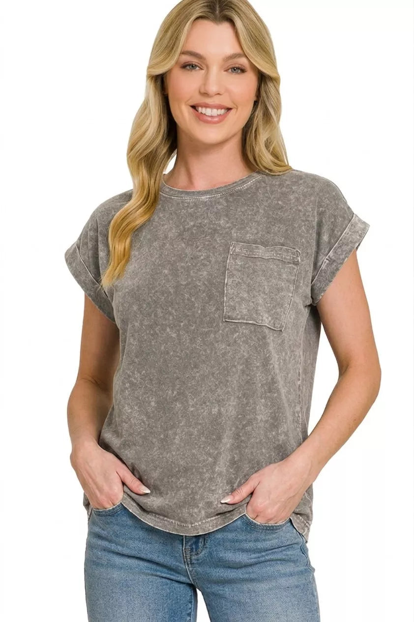 Zenana Halo Snow Washed Cuffed Short Sleeve Tee 