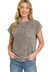 Zenana Halo Snow Washed Cuffed Short Sleeve Tee 