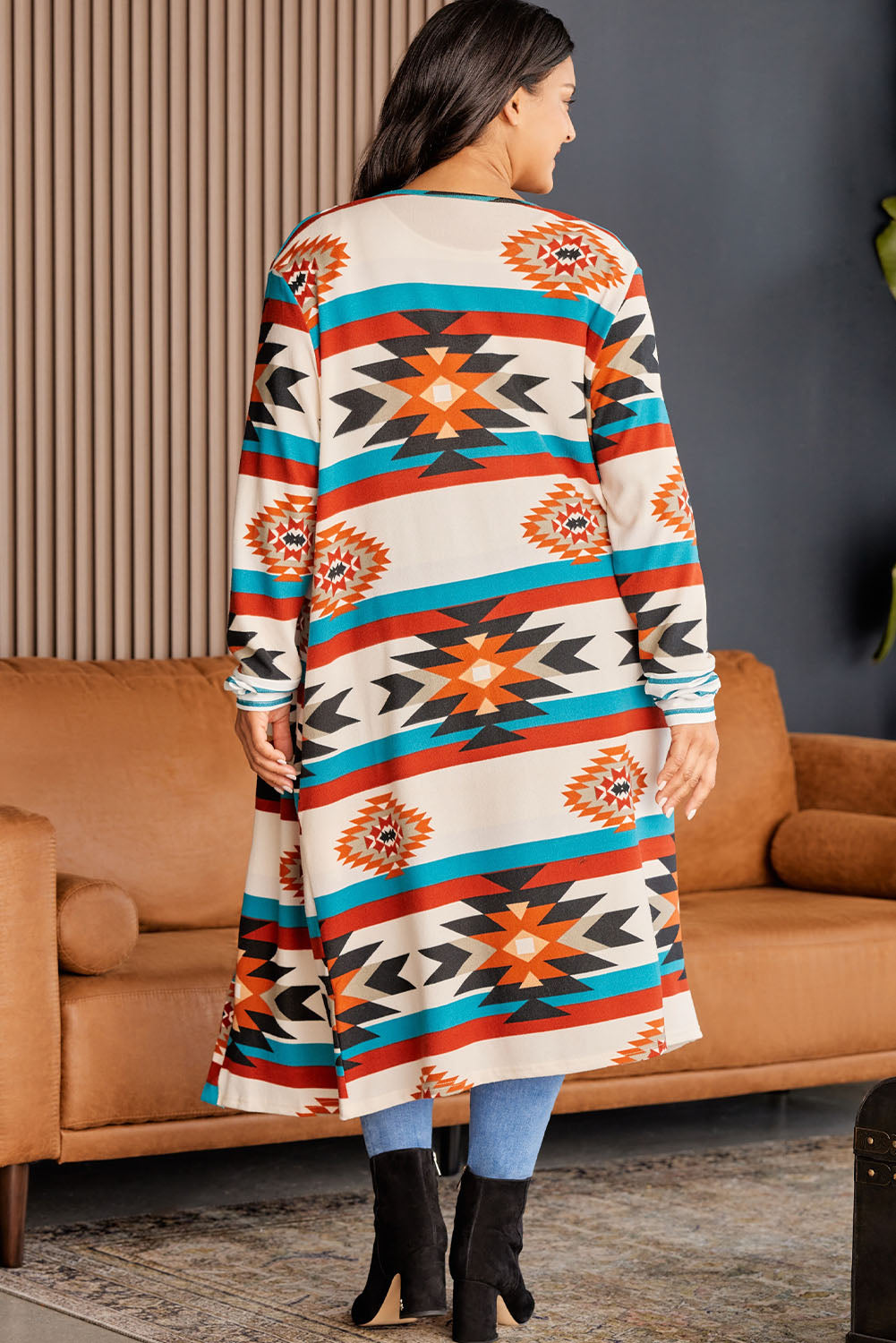Plus Size Geometric Open Front Longline Cardigan 