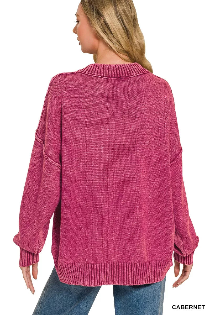 Zenana Washed Deep V-neck Oversized Sweater 