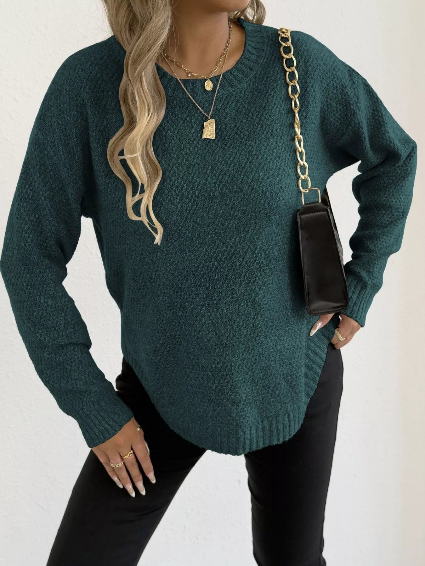 Textured Knit Relaxed Fit Round Neck Sweater 