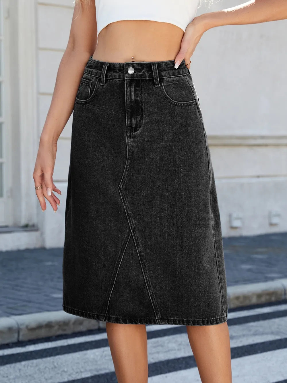 Slit Back Midi Denim Skirt 
