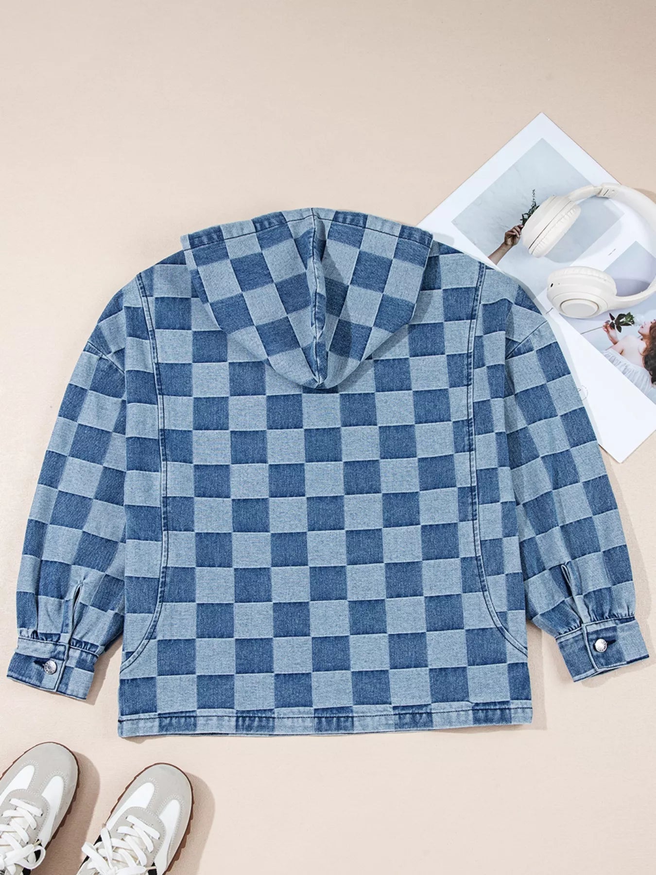 Checkered Half Zip Denim Hoodie Top 